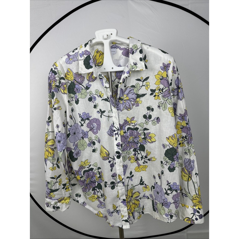 Liz Claiborne Floral Button Down Blouse Women's Sz XL Long Sleeves Linen Cotton